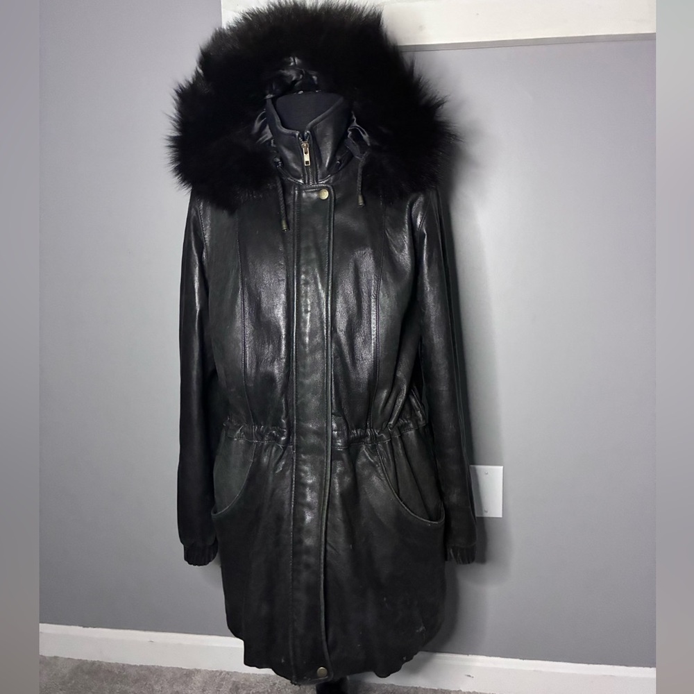 Vintage 90s IZZI Black Leather Coat with Faux Fur Hood